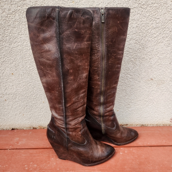 Frye Shoes - FRYE Women's Cece Wedge Boot 7.5 Brown Leather Tall Side Zip Boho Western Logo